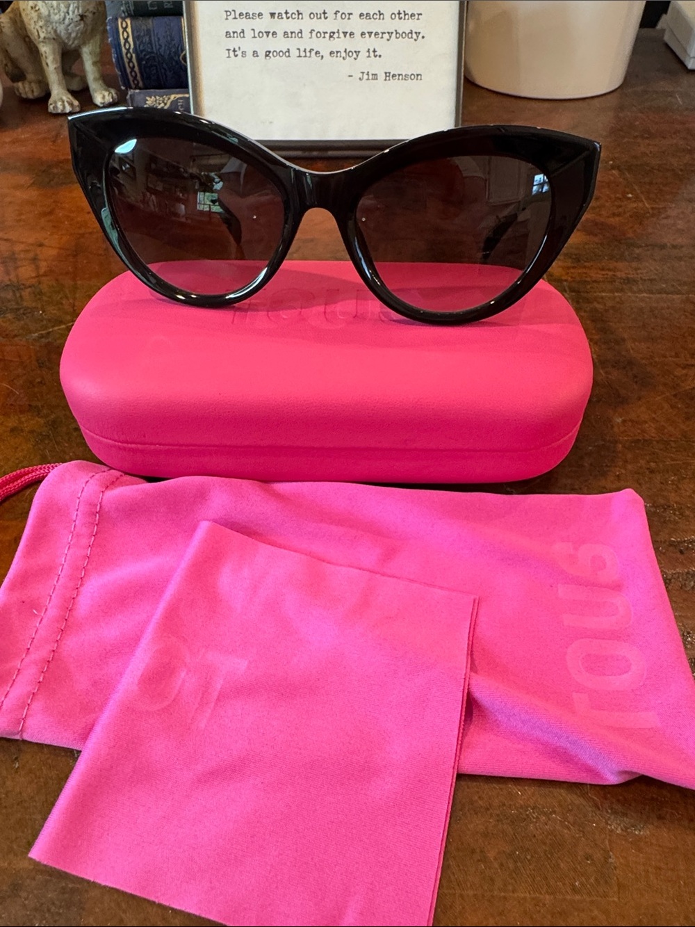 Tous Black Cat-Eye Sunglasses with Hot Pink Case and Pouch